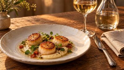 Noix de Saint-Jacques poêlées dans une assiette et verre de vin blanc sur table rustique