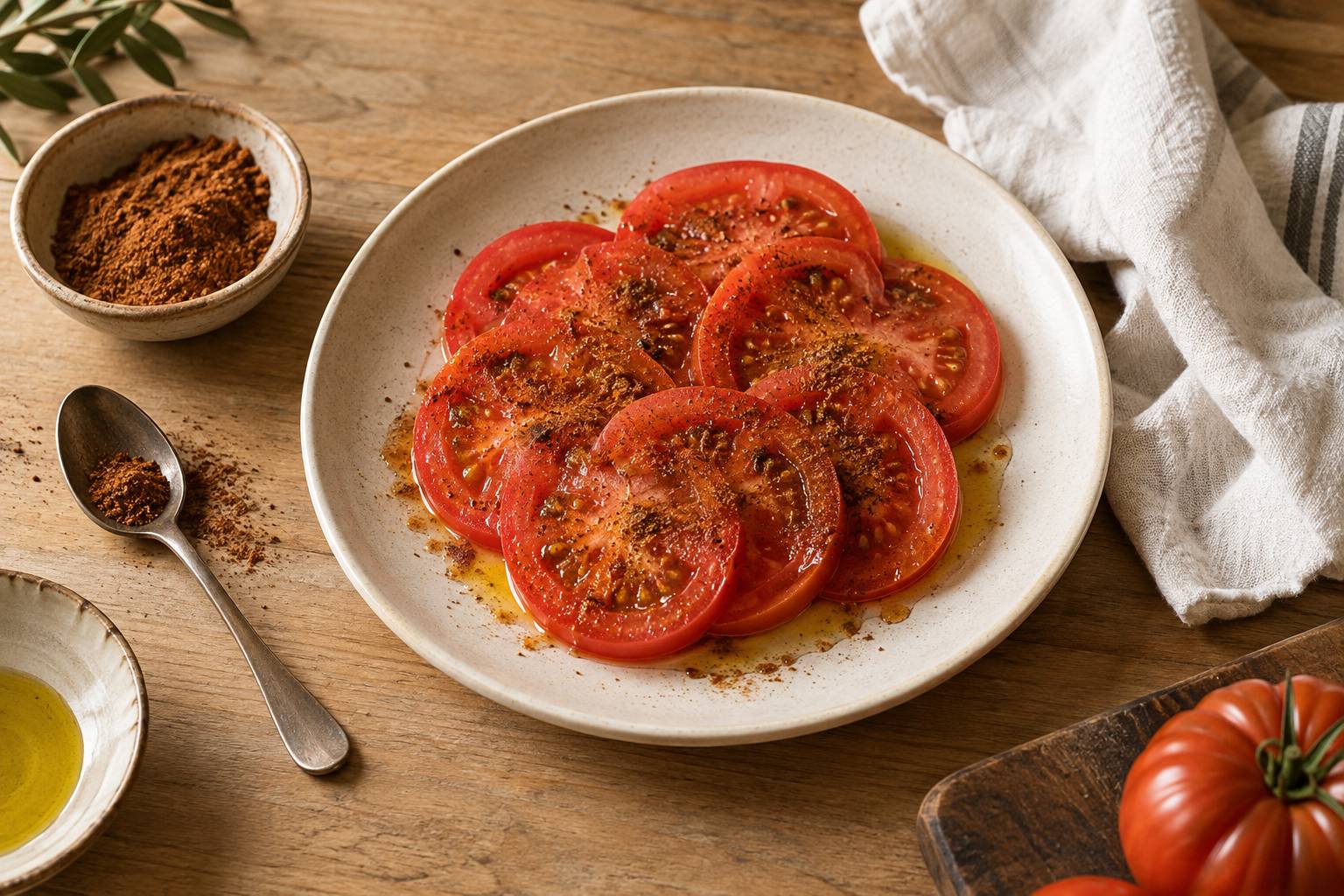 Tomates tranchées saupoudrées d'une poudre d'épice brun terracotta sur une table en bois