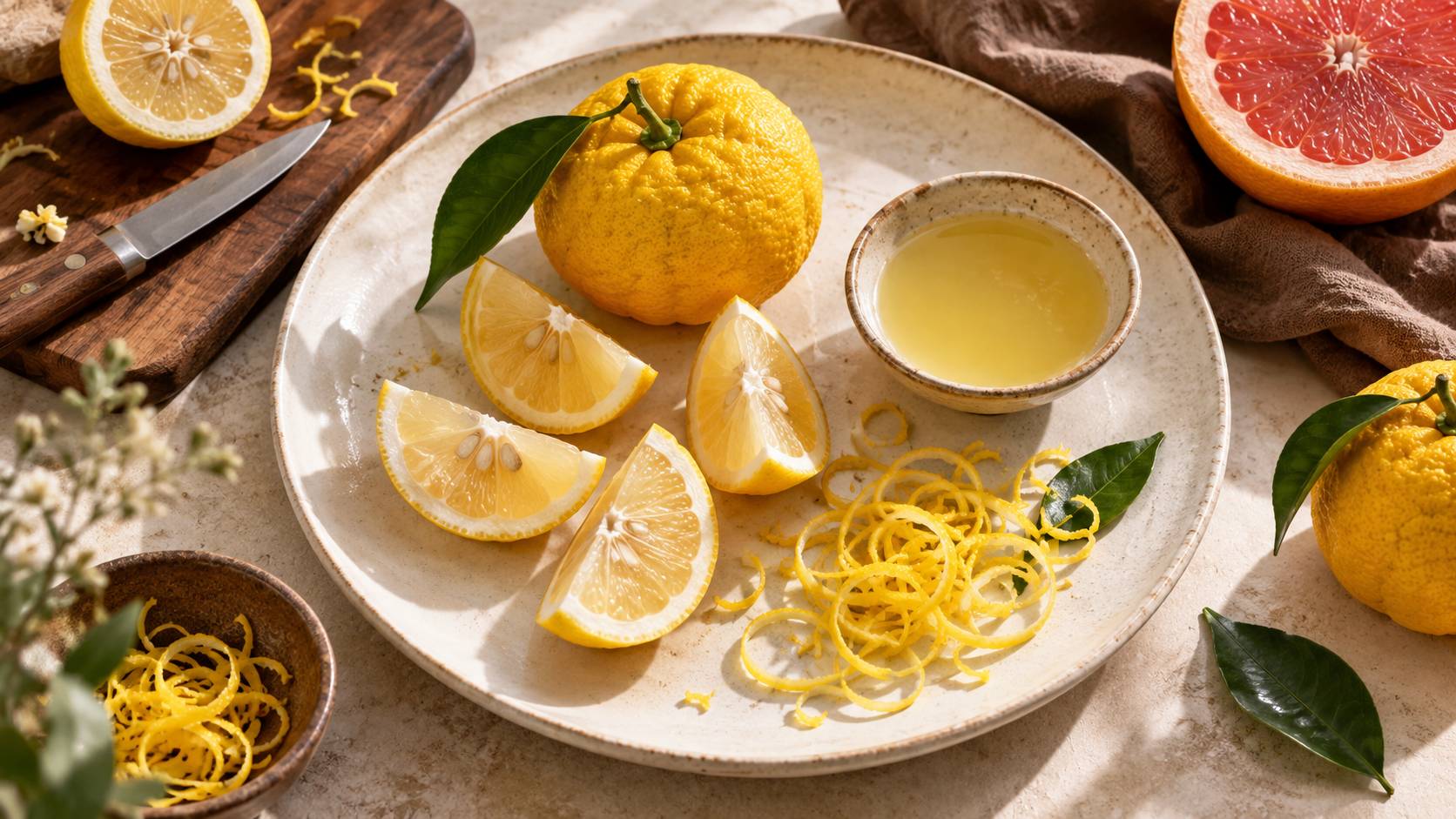 Quartiers et zestes de yuzu disposes sur une assiette avec agrumes